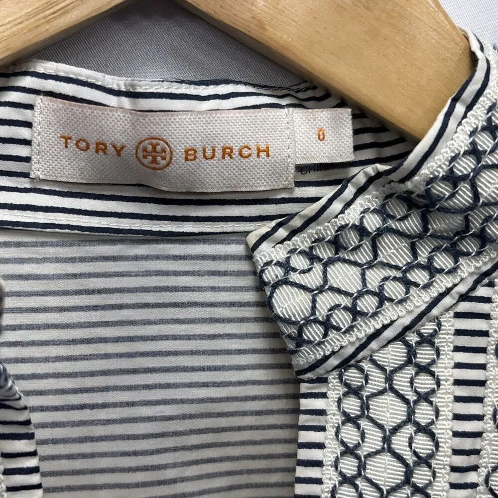 Tory Burch Stripe Embroidered Tunic Top Sz 0 Navy White Boho Stretch Cotton